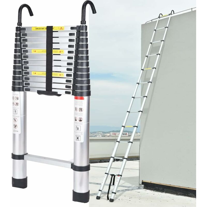 6,2M Échelle Télescopique, Échelle Pliante Aluminum avec 2 Crochets, Echelle Pliable Polyvalente pour Loft, Maison, Jardin, Capacité de 330 lbs