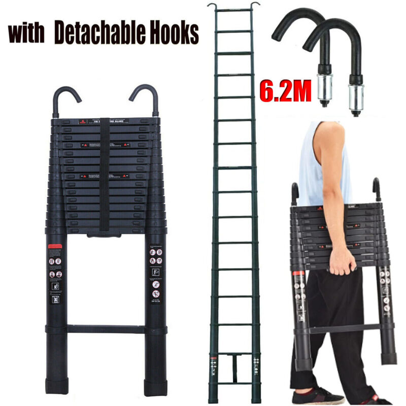 6.2M Telescoping Ladders w/ 2 Hooks Heavy Duty Aluminum Collapsible Ladder EN131