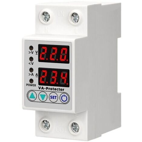 63 A, 220 V, montaggio su barra DIN, dispositivo di protezione contro sovratensioni e sottotensioni regolabile, relè di protezione della corrente con display LED.