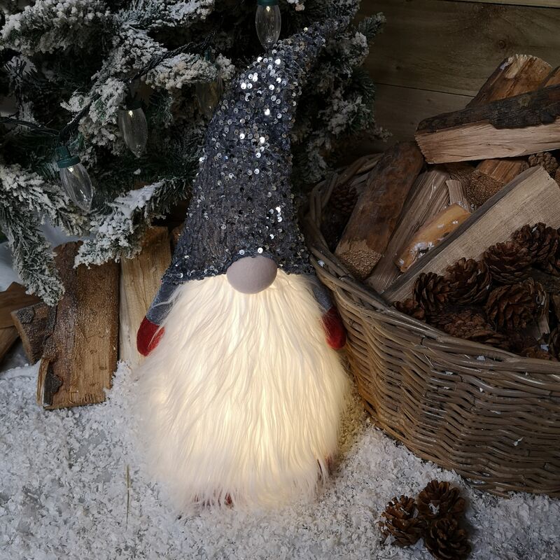 Samuel Alexander - 63cm Tall Light Up Christmas Gnome Gonk Decoration With Grey Sequins Sitting