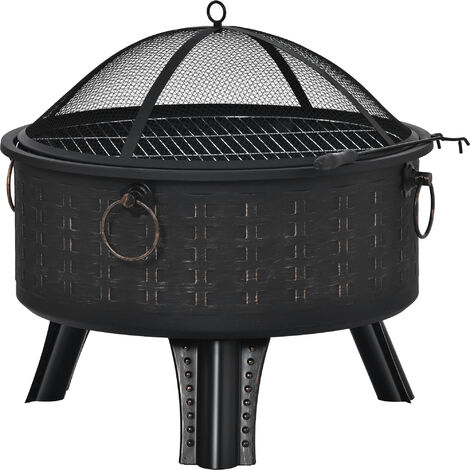 64 cm Outdoor Fire Pit, Steel Fire Pits, Bonfire Fire pit, Patio BBQ Camping, Outdoor Fireplace with Mesh Cover, Cooking Grate, Poker, Bronze