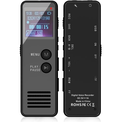 64 GB con controllo vocale - Mini registratore audio con riproduzione, dittafono digitale HiFi con MP3/WAV, registratore vocale per lezioni, protezione tramite password