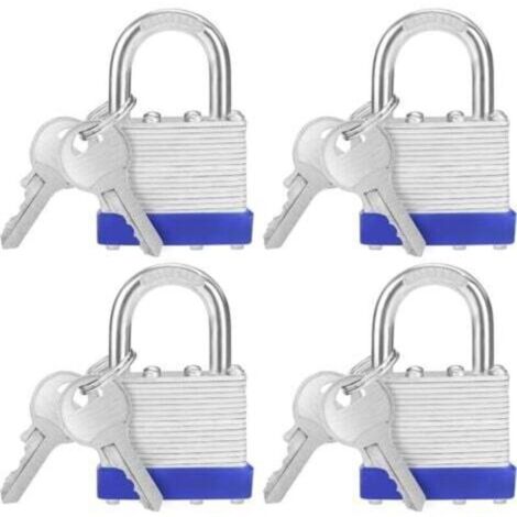 6,4x4,2x2,4 cm - Cadenas en fer avec 2 clés (Pack de 4) - Cadenas extérieur/intérieur résistant aux intempéries pour garages et armoires de rangement
