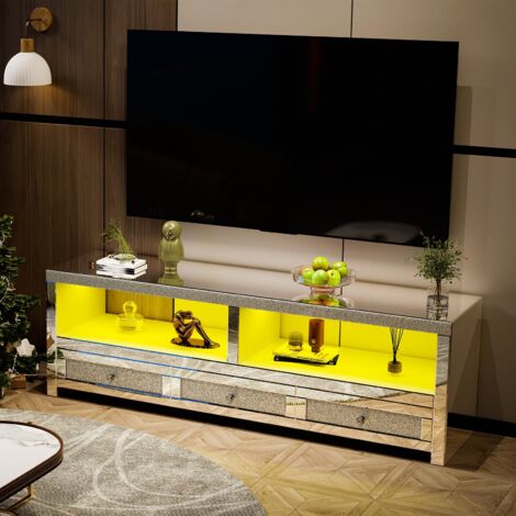 65 Inches TV Silver Mirrored TV Stand - 8 Colors LED Light, Mirror Entertainment Center with Drawers & Open Storage for Living Room Game Room