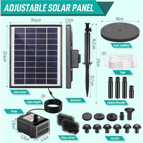 6,5 W Fontaine Solaire, Pompe à Eau Solaire, mit 1 m langem Wasserstrahl, 3,25 m langem Kabel, für Poissons-Bässe, Petits Bassins