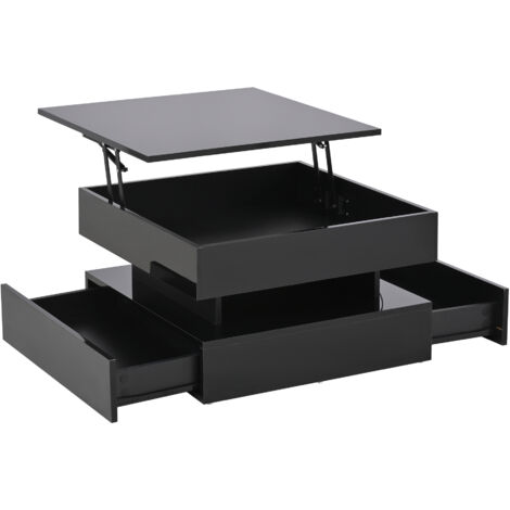 65 x 65 x 38.5 cm anhebbarer Wohnzimmertisch,Beistelltisch,Hochglanz-Couchtisch mit LED-Lichtleiste, Sofatisch mit 2 Schubladen, Kaffeetisch mit geometrischem Design und verstecktem Stauraum,Schwarz