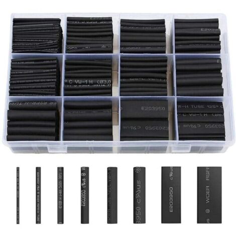 650 pezzi di guaina termorestringente, nera, 8 misure, rapporto 2:1, kit di guaina termorestringente, nera