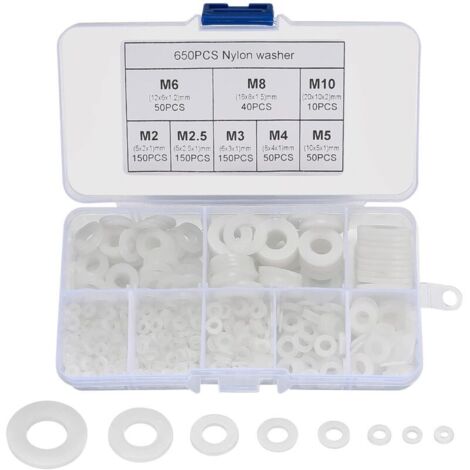 650 Pièces Rondelles Nylon, Rondelles Plates Plastique, Rondelles Entretoises Rondes, Rondelles étanchéité Frein Isolation de Fixations Industrielles - M2/M25/M3/M4/M5/M6/M8/M10