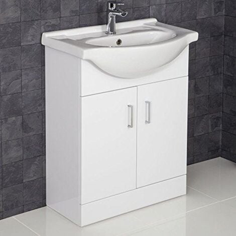 650mm Bathroom Vanity Unit & Basin Sink Gloss White Tap + Waste