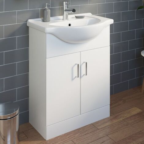650mm Bathroom Vanity Unit & Basin Sink Gloss White Tap + Waste