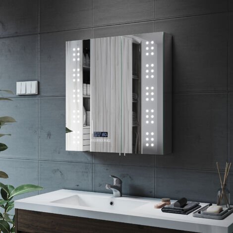 650x630x130 mm Illuminated LED Bathroom Mirror Cabinet with Shaver Socket, Bluetooth Speakers Sensor Stainless Steel Cupboard, NMC06