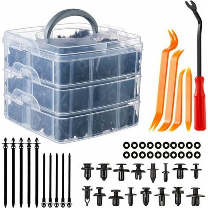 Clips Voiture, 655 Pcs Rivet Clips Plastique Fixation Noir Universel pour Auto Voitures Panneaux Garnitures de portières avec Boîtier de Rangement et