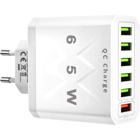 65W Chargeur USB Multiple 6Ports Rapide Multi Secteur Technologie QC 3.0 Smart Prise USB Multiple Fast Charger Universel Adaptateur Compatible avec iPhone 16 15 14 Pro Max Samsung Tablettes