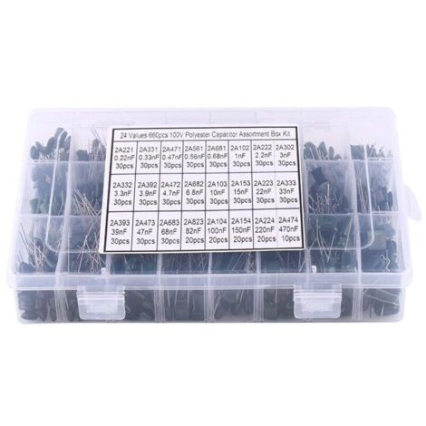 660pcs 24 valeurs Condensateur 100V 0.22nF à 470nF Kit de condensateur Condensateurs , capacitance