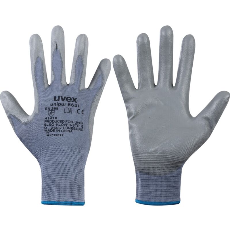 uvex Mechanical Hazard Gloves, Pu Coated, Grey, Size 8