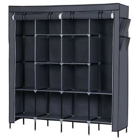 67" Placard à vêtements Armoire de rangement portable pour vêtements 12 étagères 4 poches latérales Gris