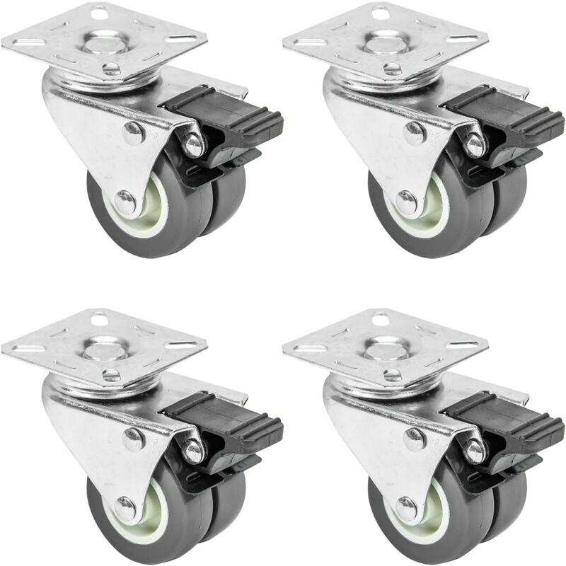 Ikodm - 6720 Lot de 4 roulettes doubles pour charges lourdes avec frein Polyuréthane 50 mm jusqu'à 400 kg Gris