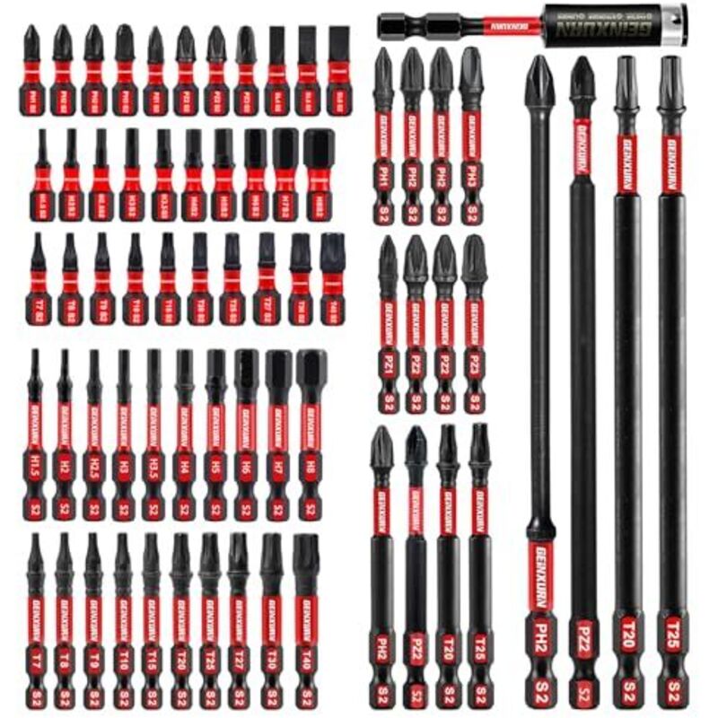 68 Pieces Impact Screwdriver Bit Set (PH, TX, PZ, SL, hex), 1/4 inch Hexagonal Shaft S2 Alloy Steel 25/50/75/150 mm Bit Tips with 1Pc 75 mm Magnetic