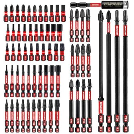 68-teiliges Set Schlagschrauberbits (PH, TX, PZ, SL, Sechskant), 1/4-Zoll-Sechskantschaft, S2-Legierungsstahl, Bitspitzen 25/50/75/150 mm, inklusive 1 magnetischem Bithalter (75 mm).