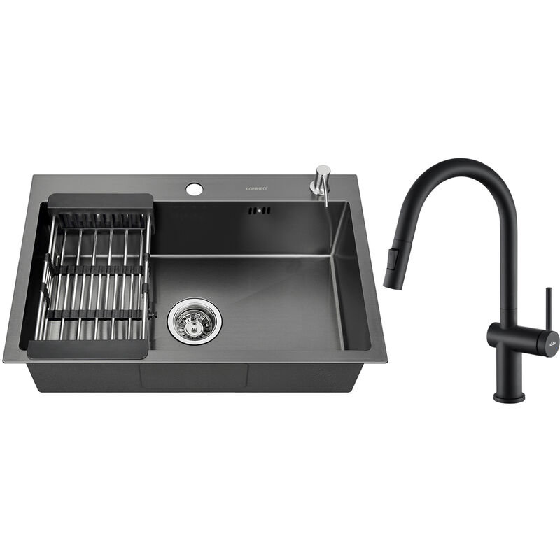 Vier Cuisine 1 Bac 68x45x19CM + Robinet de Cuisine avec Douchette Extractible Noir mat, Évier à Encastrer en Inox avec Distributeur de savon et