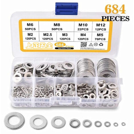 684 Pcs Flat Washers, Stainless Steel Washer Assortment, Metal Flat Lock Washers 9 Sizes for Plumbing, Factories, Repairs - M2 M2.5 M3 M4 M5 M6 M8 M10 M12