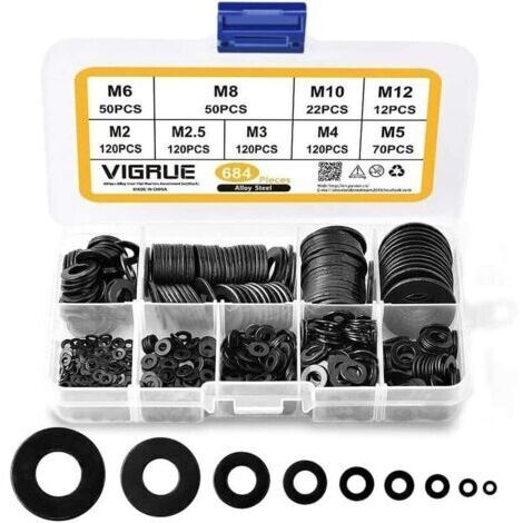 684 PCS Rondelles Plates Assortiment,M2 M2.5 M3 M4 M5 M6 M8 M10 M12 Rondelle Plate pour L'étanchéité des Vis Bagues D'étanchéité-Livré avec boîte (Noir)