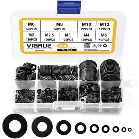 684 PCS Rondelles Plates Assortiment,M2 M2.5 M3 M4 M5 M6 M8 M10 M12 Rondelle Plate pour L'étanchéité des Vis Bagues D'étanchéité-Livré avec boîte (Noir)