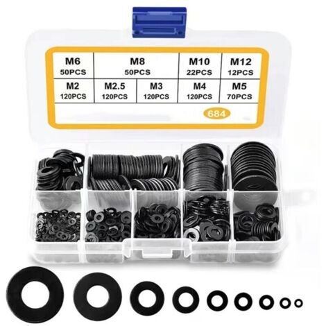 684 Pcs Rondelles Plates,M2 M2.5 M3 M4 M5 M6 M8 M10 M12 Rondelles Noires pour Gonds de Porte, Rondelles de Blocage Plates Métal, Rondelles Joint Plomberie Assortiment Kit