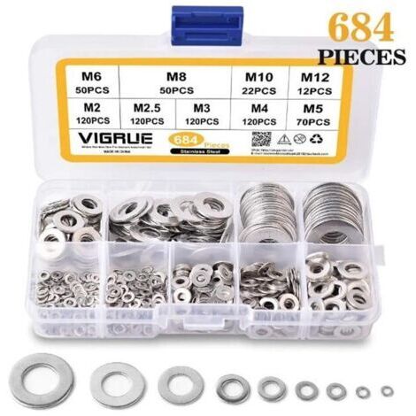 684 Pièces Inox Rondelles Plates Metal, pour Gonds de Porte, 9 Tailles Rondelles Acier Inoxydabl 304 -Rondelle Carrossier Inox(M2-M12)