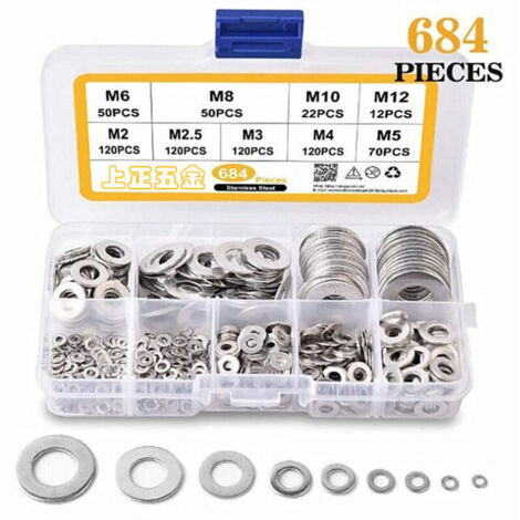 684 Pièces Rondelles Plates, Assortiment de Rondelles en Acier Inoxydable, Rondelles de Blocage Plates Métal 9 Tailles pour Plomberie, Usines, Réparations - M2 M2.5 M3 M4 M5 M6 M8 M10 M12