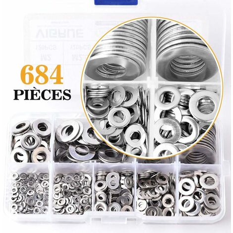 684PCS Rondelles Plates en 304 Acier Inoxydable Assortiment,M2 M2.5 M3 M4 M5 M6 M8 M10 M12 Rondelle Plate pour L'étanchéité des Vis Bagues D'étanchéité-Livré avec boîte (Gris)
