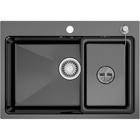 68x48 cm Évier Cuisine noir 1 Bac en Acier Inoxydable, Protection Insonorisante EVA, Évier de Cuisine Avec Siphon et Système d'évacuation pour Armoires 70 cm ou plus