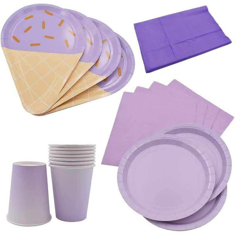 69 Pièces Ensemble Vaisselle en Papier Fête, Vaisselle de Papier Fête Violet, Assiettes en Papier Fête Mignonne, avec Nappe Papier Tasse Cuillère