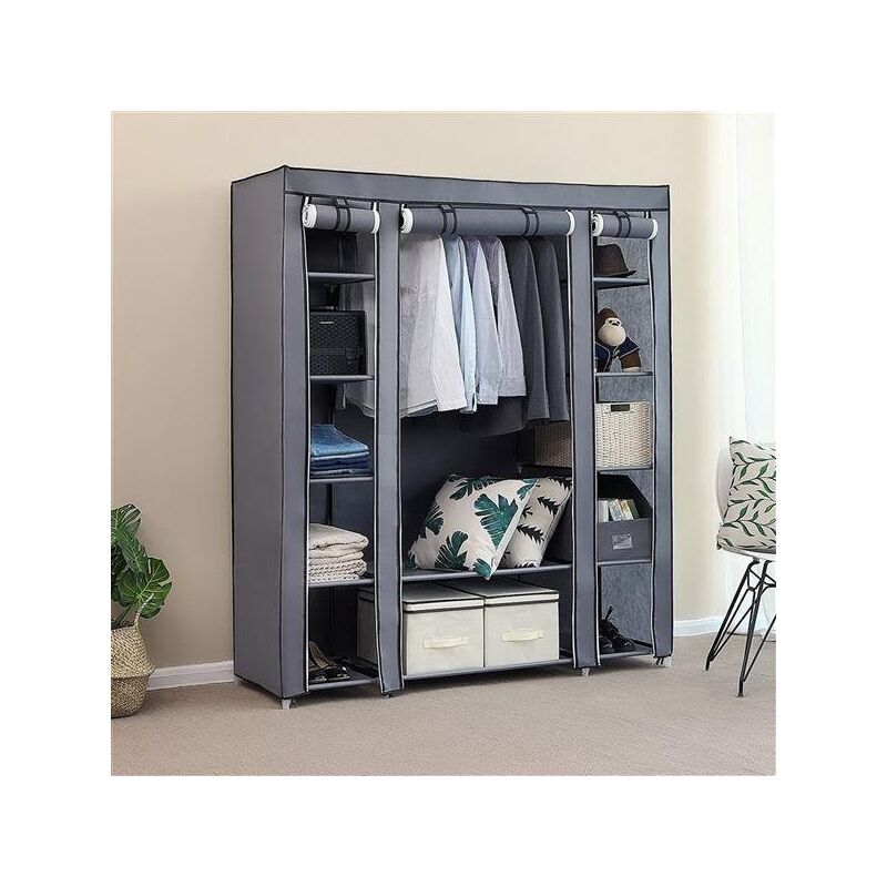 69'Armoire à vêtements portable Rangement de penderie en tissu non tissé Facile et rapide à assembler Très solide et durable Gris