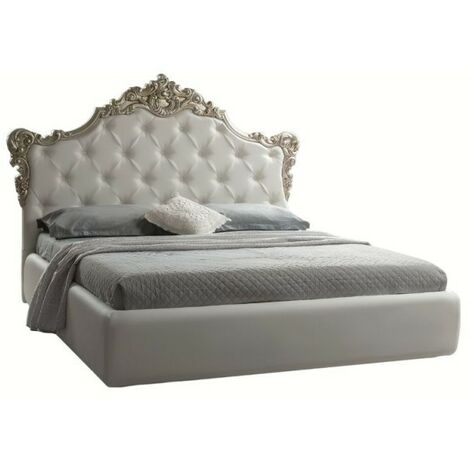 (6c) Letto barocco matrimoniale con contenitore in ecopelle SAVOIA Bianco Argento 194x209x h 140 cm