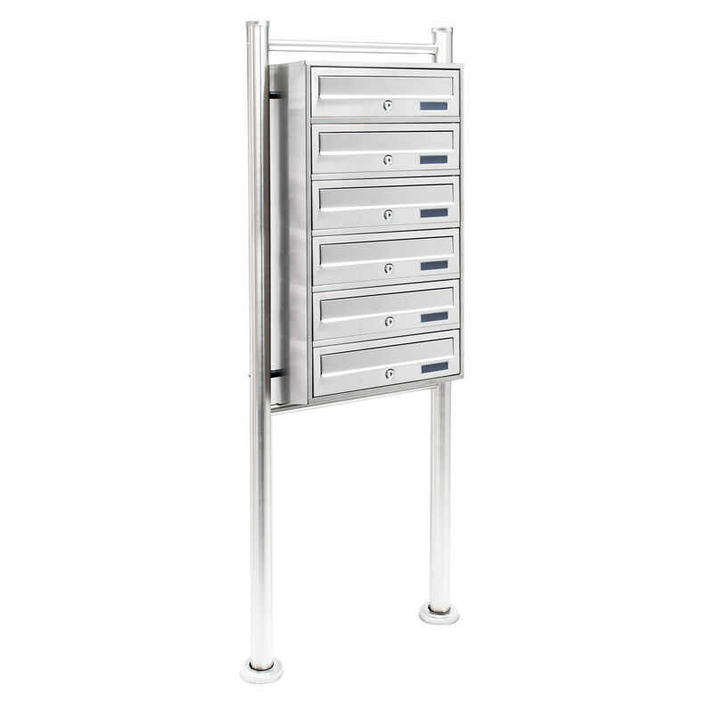 Boîte aux lettres sur pieds Acier inox 513 x 270 x 1500 mm, avec 6 Compartiments verrouillables et Porte-nom, pour Courrier - Wiltec