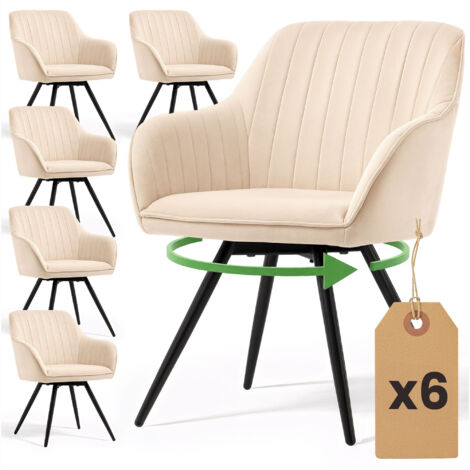 6er Set Drehbare Veloursstühle mit Ziernähten TURNO Beige mit schwarzen Beinen