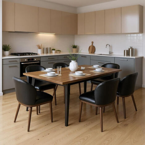 6er Set Esszimmerstühle Leder Küchenstuhl mit Massivholzbeinen Esszimmer, Schwarz