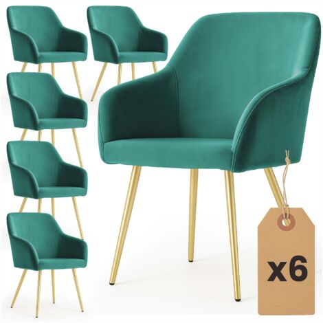 6er Set Glatte Velours Esszimmerstühle ESTELLE Dunkelgrün mit goldenen Beinen