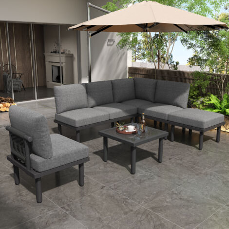 6er-Set graue Gartenmöbel (langes Sofa x 1, Einzelsofa x 4, Couchtisch x 1)