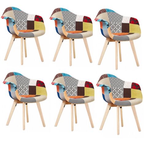 6er-Set Patchwork-Esszimmerstuhl mit Armlehne – Stoffpolsterung mit Holzbeinen – Esszimmerstuhl – Mehrfarbig
