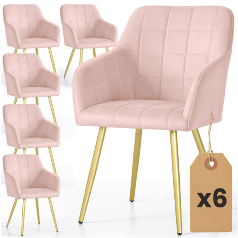 6er Set Polsterstühle mit quadratischen Ziernähten LUXANO Rosa mit goldenen Beinen