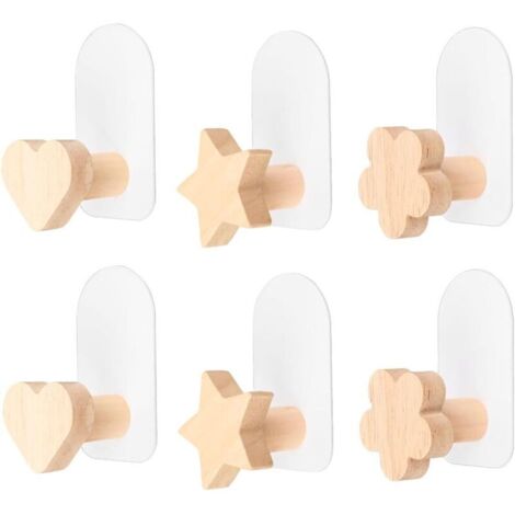 6er-Set selbstklebende Wandhaken aus Holz für Kinder – kein Bohren erforderlich – für Jacken, Hüte, Schals, Taschen