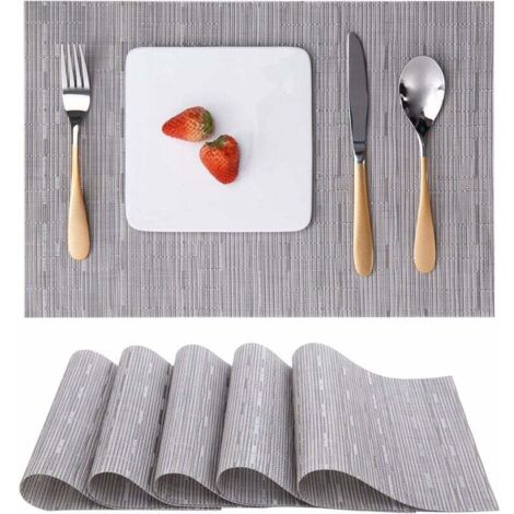6er Set Tischsets, waschbare gewebte Platzsets für Küche oder Esstisch, hitzebeständig, rutschfest aus Vinyl (30 x 45 cm), Hellgrau – Grau