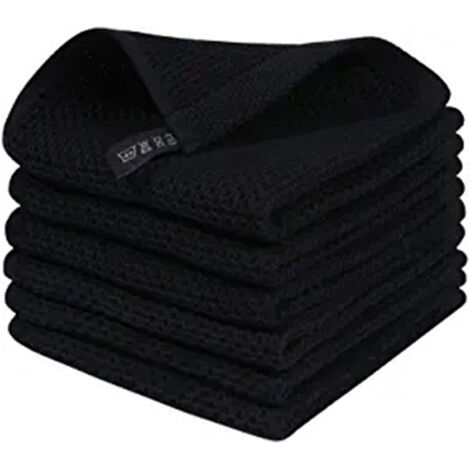 6er-Set ultra-saugfähige, schnelltrocknende Premium-Geschirrtücher aus Baumwolle mit Waffelmuster, inklusive Aufhänger, 34 x 34 cm, schwarz