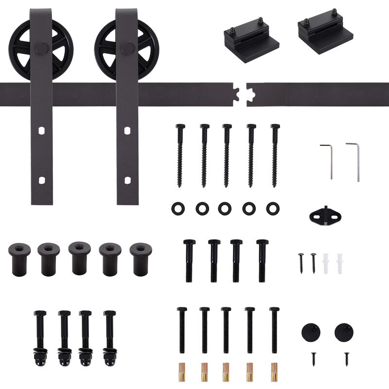 

6FT/183cm Herraje para Puerta Corredera Kit de Accesorios para Puerta Corrediza de Madera con Guía de Suelo Riel de Acero al Carbono Café Oscuro