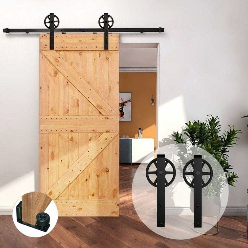 6FT/183CM Quincailleri Kit de Rail pour Porte Simple Coulissante de Grange en Bois Ensemble Industriel pour Porte SuspendueNoir Kit Système de Porte