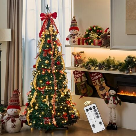 MAEREX 6ft Pre lit Pull-Up Christmas Tree, Fully Pre-Decorated Collapsible Artificial Pencil Tree with Colorful Lights, Remote & Timer, 24 Balls, 24 Bows,12 Flowers, 6 Ribbons for Holiday Party Decor