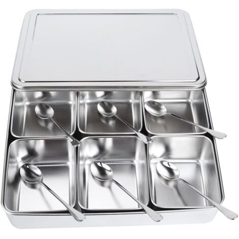 6‑Grid Stainless Steel Seasoning Box Jar Storage Container Set with Spoons Kitchen Utensils