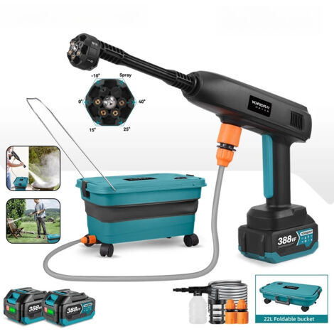 6IN1 pistolet de pulvérisation d'eau électrique haute pression outil de lavage de jardin de voiture avec seau d'eau pliable de 22L pour broche de batterie Makita(Avec 2 batteries&seau)